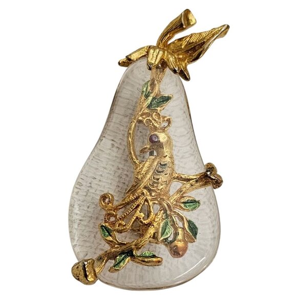 Tancer II Jelly Clear Lucite Pear Partridge Bird Leaf Brooch Pin Signed - Picture 1 of 9